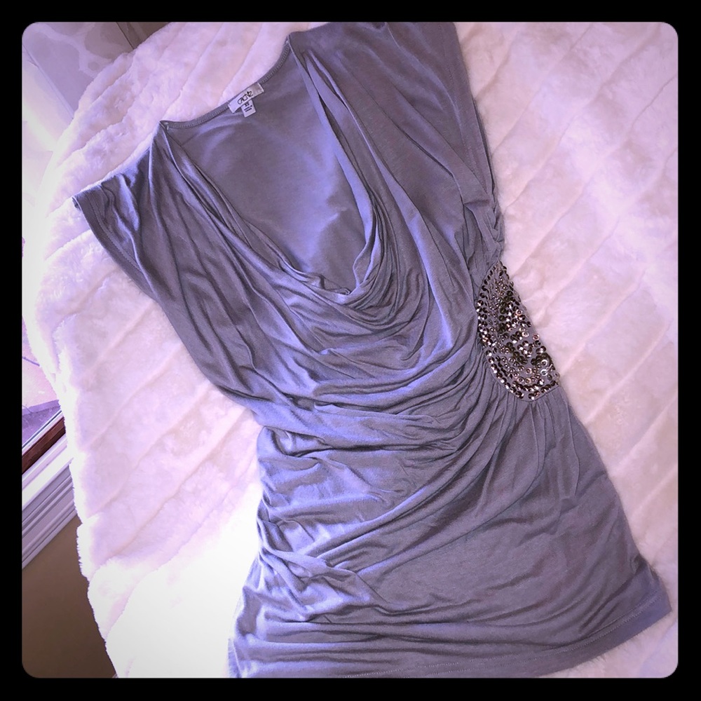 Cache soft grey cowl neck beaded tunic